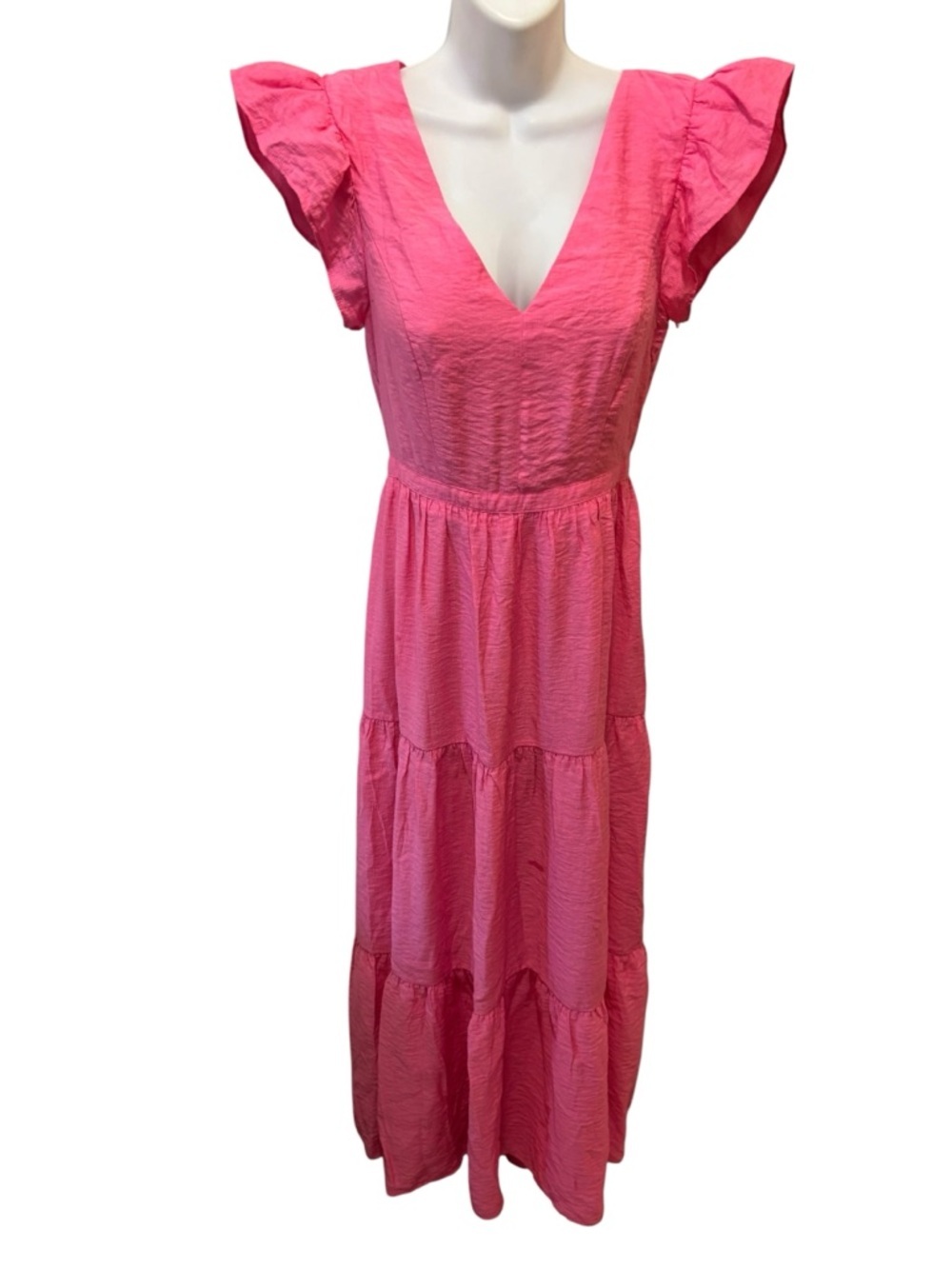 Express Y2K Carnation Pink Tiered Boho Maxi Dress Sz S Flutter Sleeve Festival